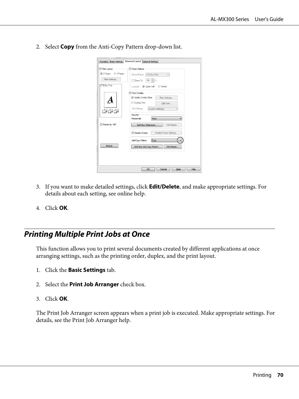 Printing multiple print jobs at once | Epson WorkForce AL-MX300DN User Manual | Page 70 / 287