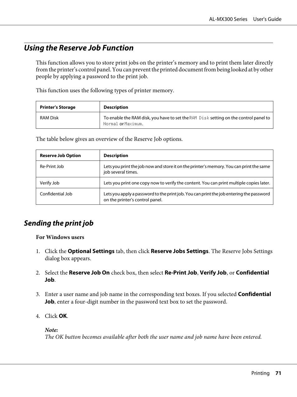 Using the reserve job function, Sending the print job | Epson WorkForce AL-MX300DN User Manual | Page 71 / 287