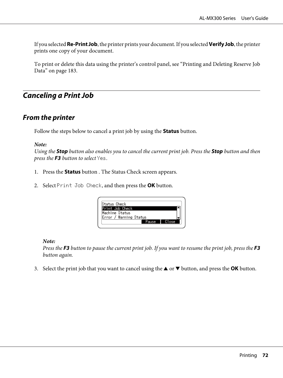 Canceling a print job, From the printer | Epson WorkForce AL-MX300DN User Manual | Page 72 / 287