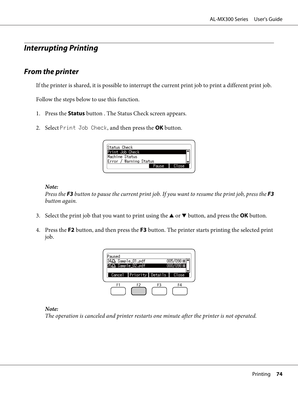 Interrupting printing, From the printer | Epson WorkForce AL-MX300DN User Manual | Page 74 / 287