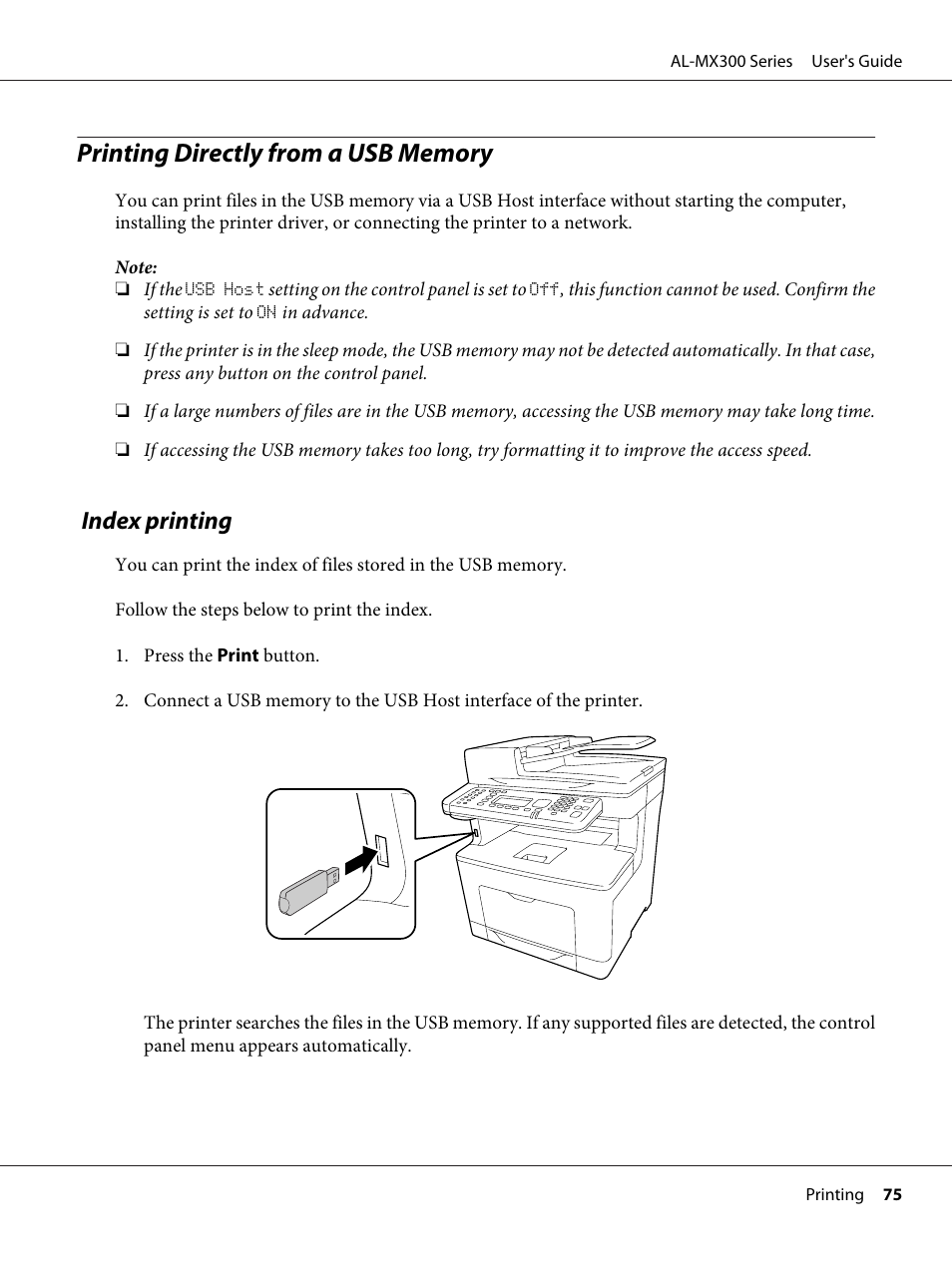 Printing directly from a usb memory, Index printing | Epson WorkForce AL-MX300DN User Manual | Page 75 / 287