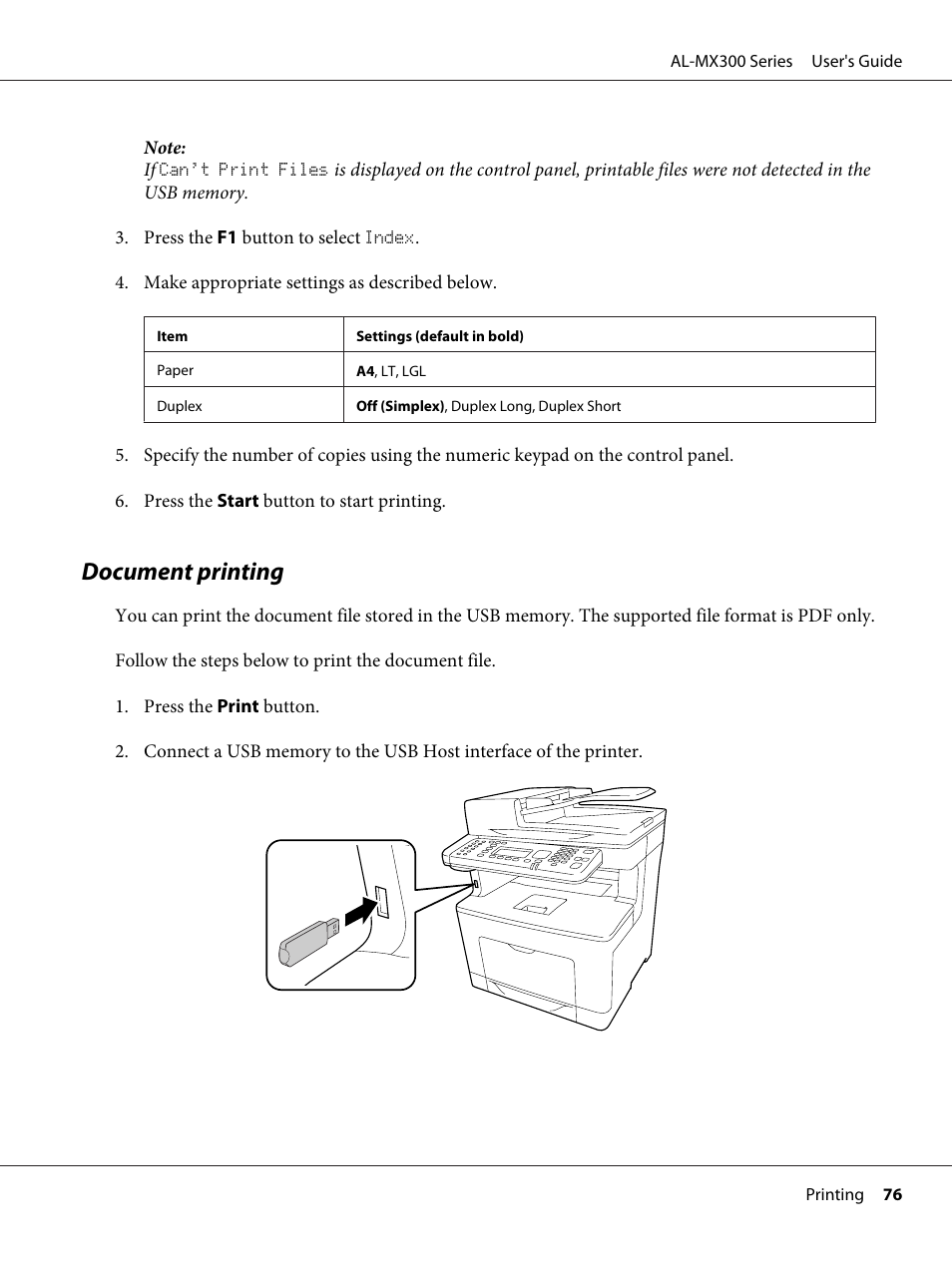 Document printing | Epson WorkForce AL-MX300DN User Manual | Page 76 / 287