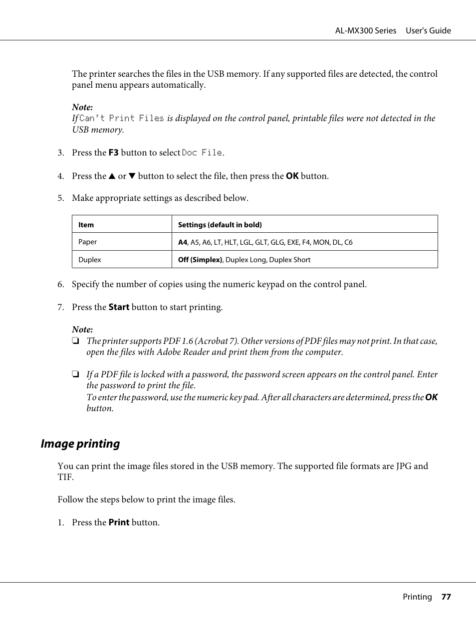 Image printing | Epson WorkForce AL-MX300DN User Manual | Page 77 / 287