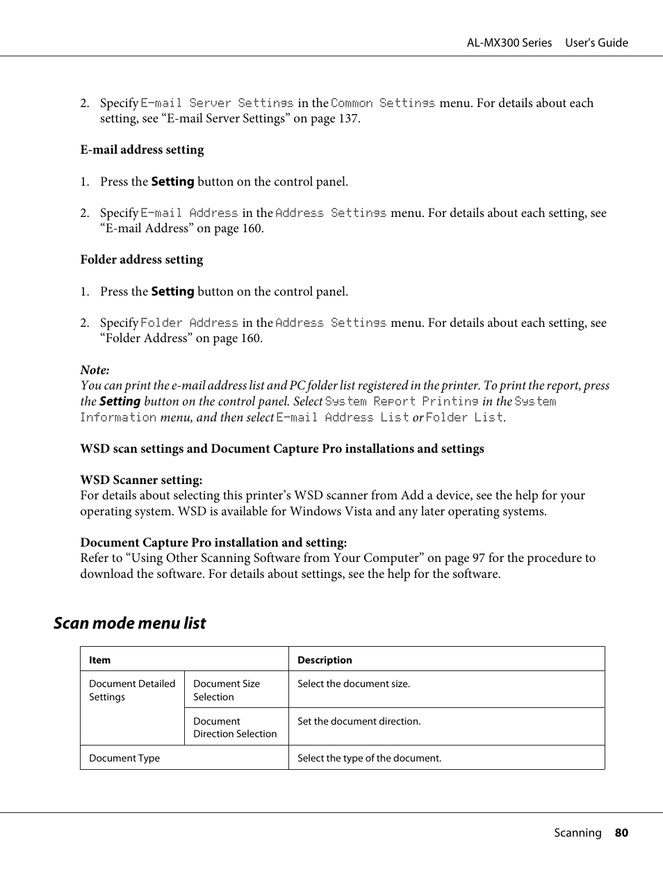 Scan mode menu list | Epson WorkForce AL-MX300DN User Manual | Page 80 / 287