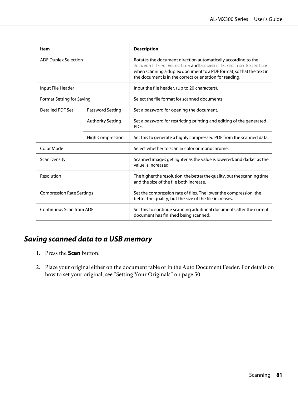 Saving scanned data to a usb memory | Epson WorkForce AL-MX300DN User Manual | Page 81 / 287