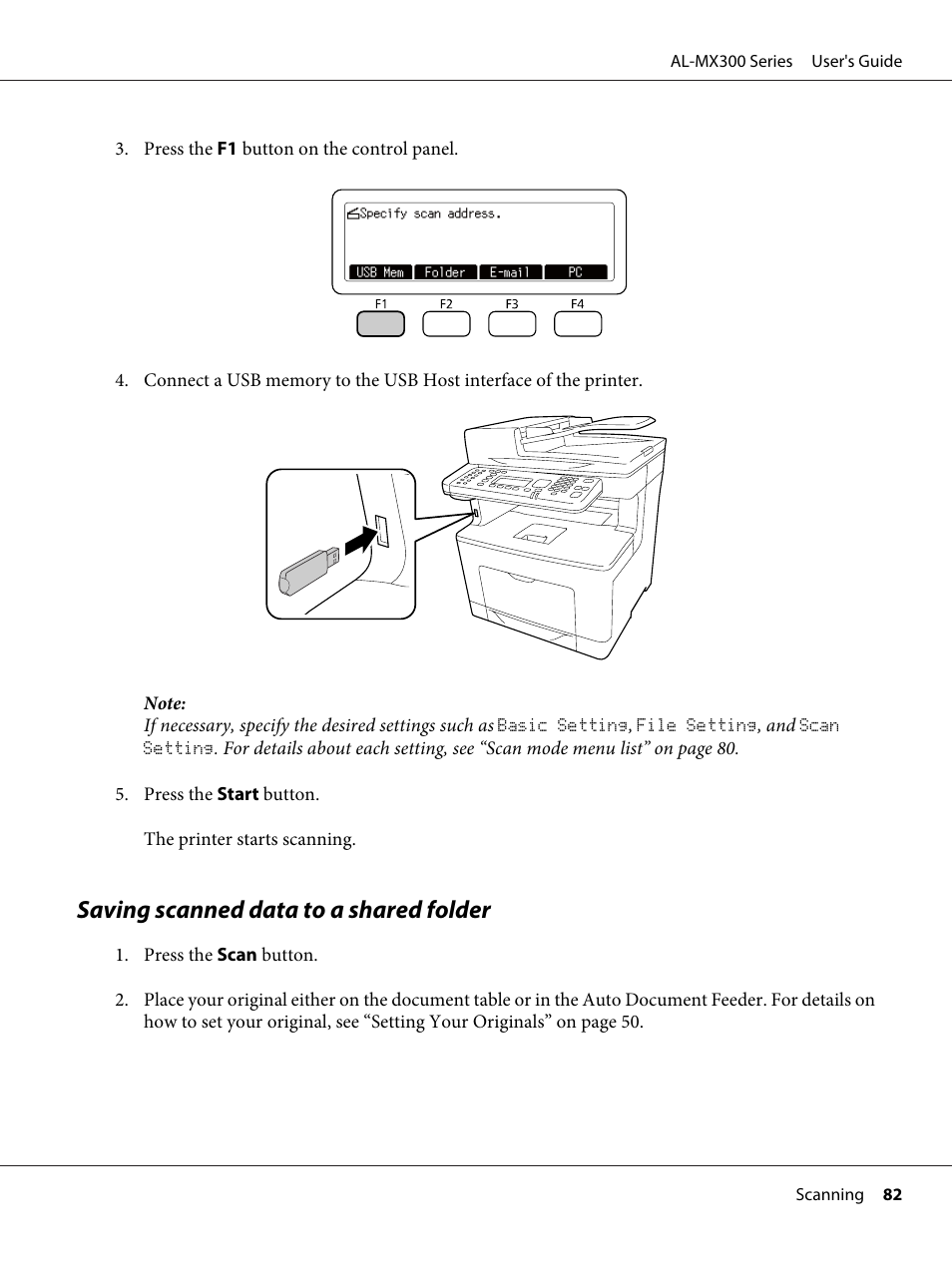 Saving scanned data to a shared folder | Epson WorkForce AL-MX300DN User Manual | Page 82 / 287