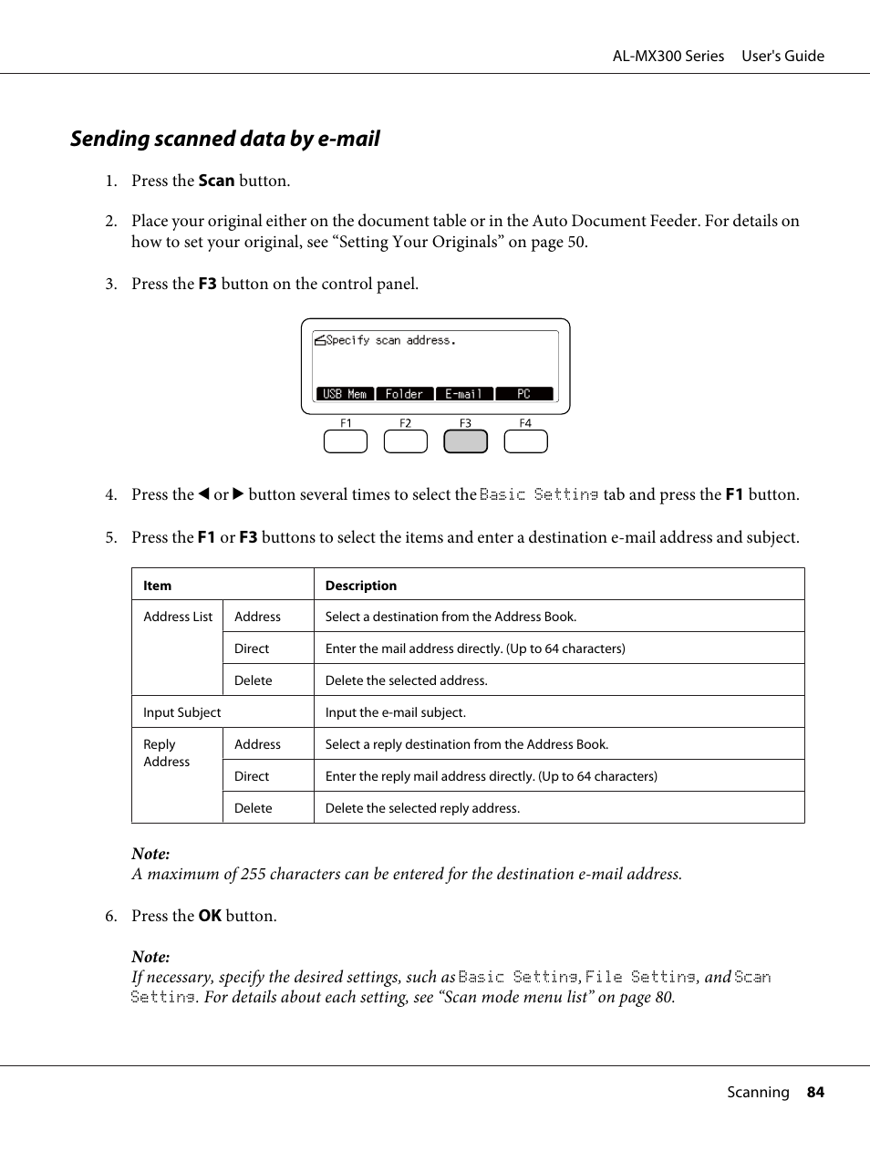 Sending scanned data by e-mail | Epson WorkForce AL-MX300DN User Manual | Page 84 / 287