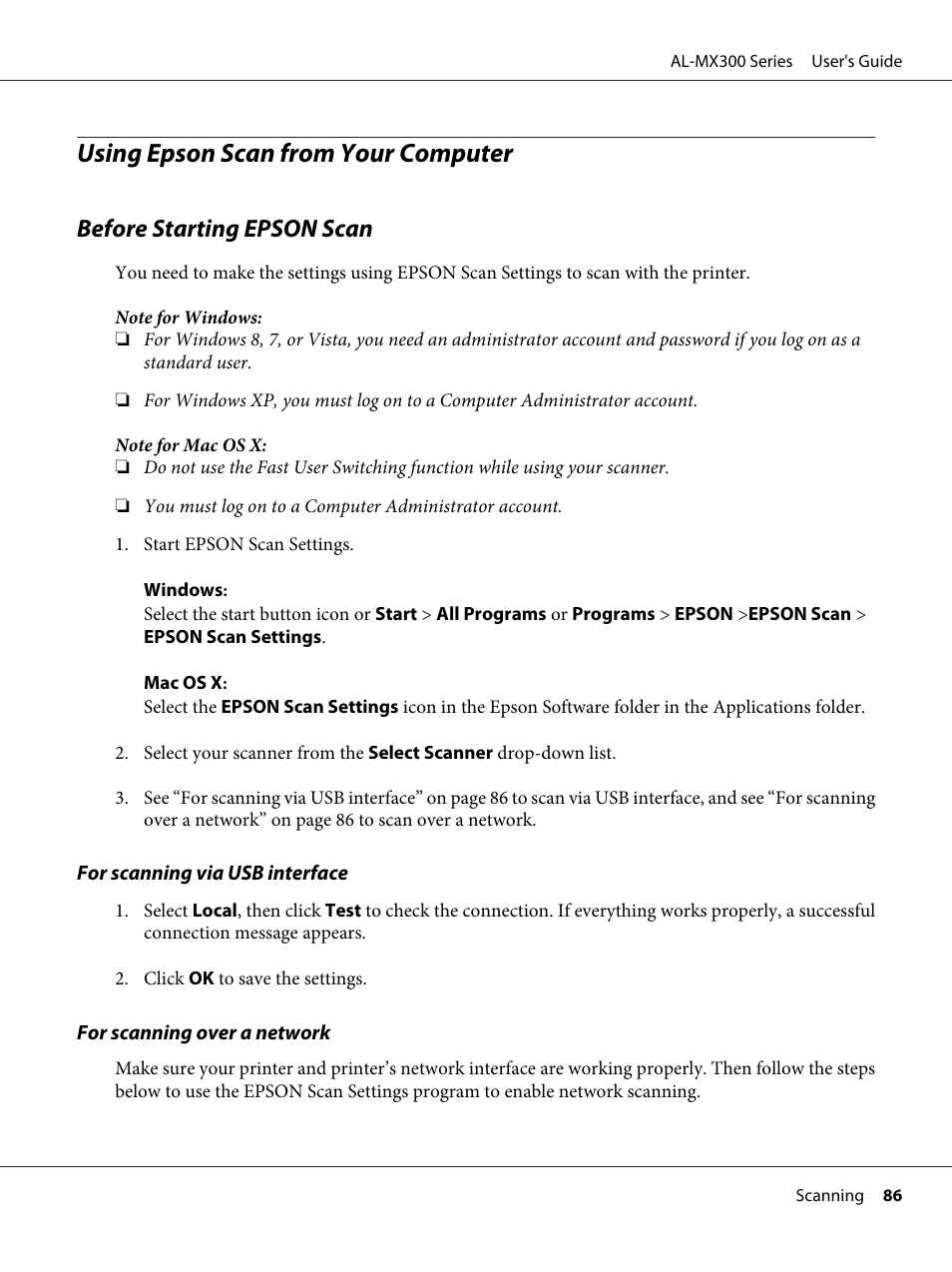 Using epson scan from your computer, Before starting epson scan | Epson WorkForce AL-MX300DN User Manual | Page 86 / 287