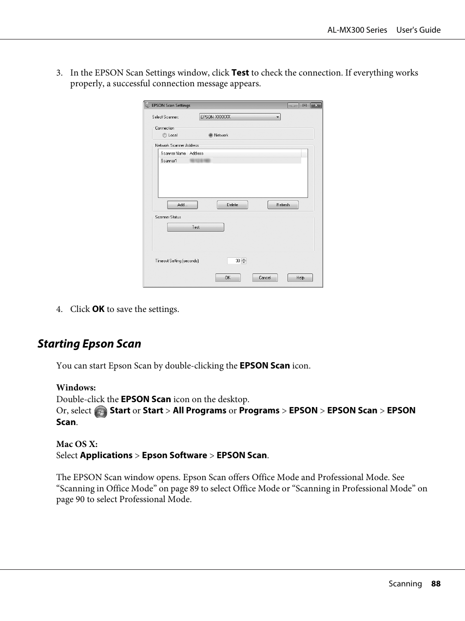 Starting epson scan | Epson WorkForce AL-MX300DN User Manual | Page 88 / 287