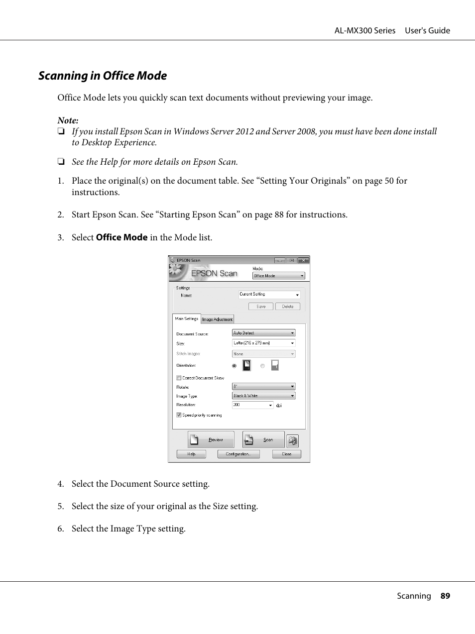 Scanning in office mode | Epson WorkForce AL-MX300DN User Manual | Page 89 / 287