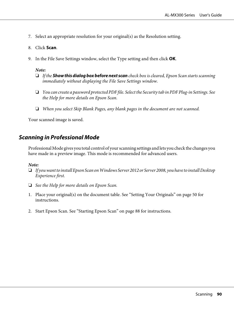 Scanning in professional mode | Epson WorkForce AL-MX300DN User Manual | Page 90 / 287