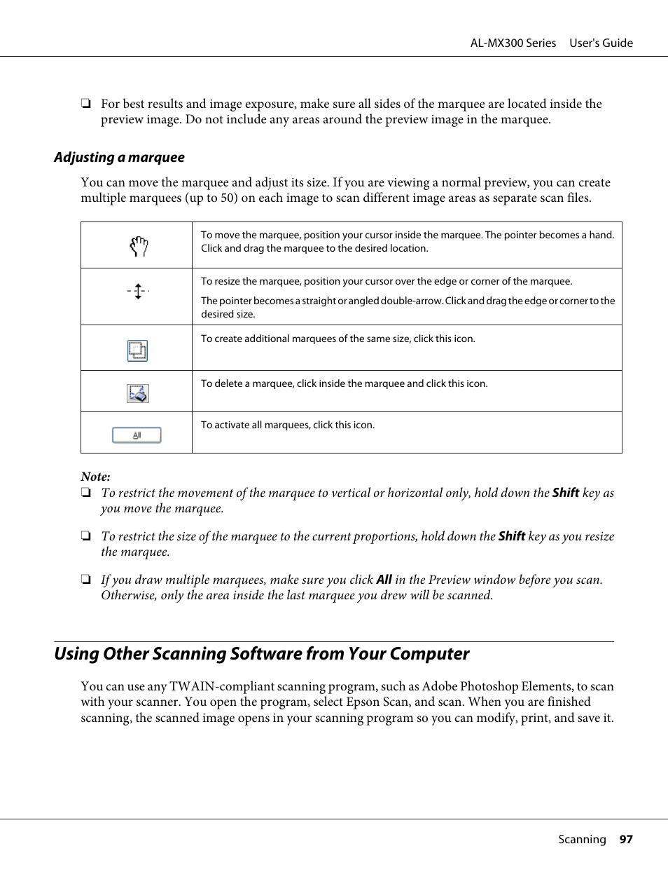 Using other scanning software from your computer | Epson WorkForce AL-MX300DN User Manual | Page 97 / 287