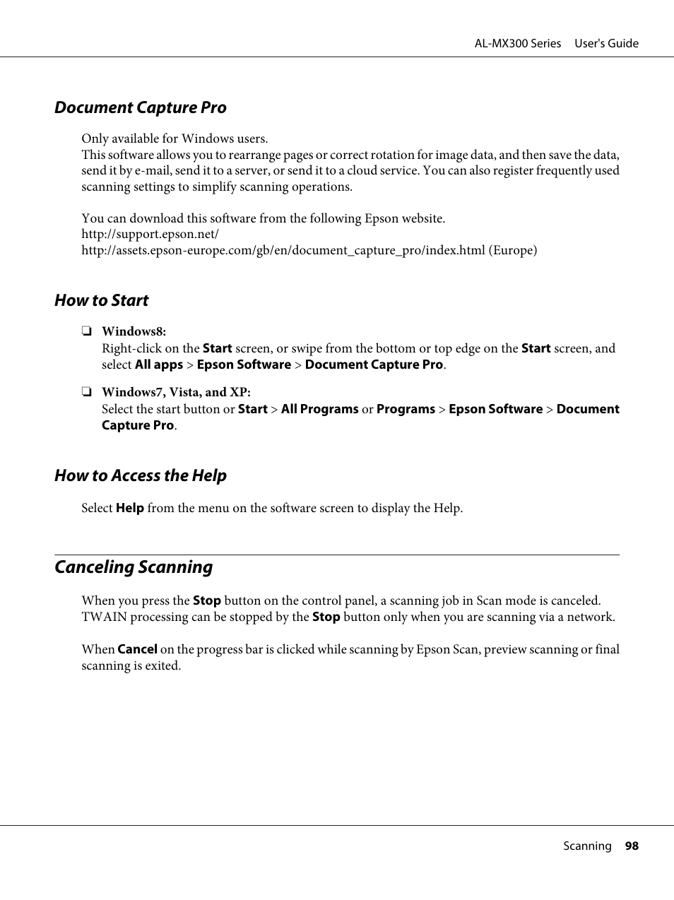 Document capture pro, How to start, How to access the help | Canceling scanning | Epson WorkForce AL-MX300DN User Manual | Page 98 / 287