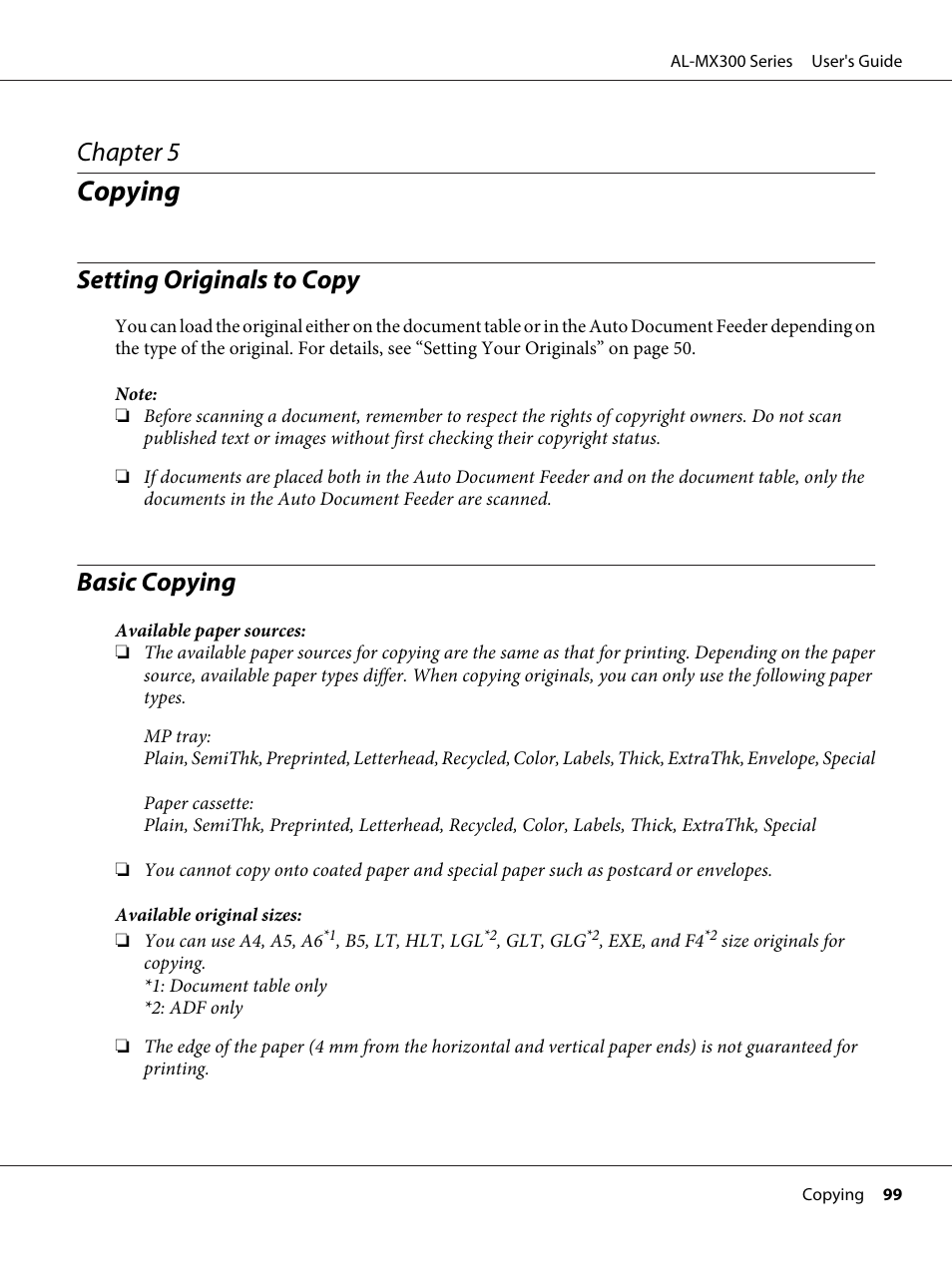 Copying, Setting originals to copy, Basic copying | Chapter 5 copying, Setting originals to copy basic copying, Chapter 5 | Epson WorkForce AL-MX300DN User Manual | Page 99 / 287