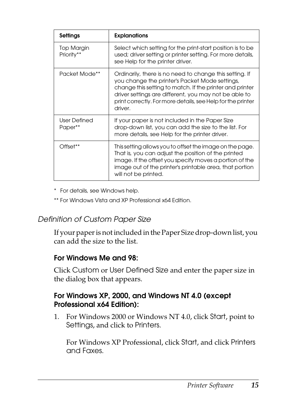 Definition of custom paper size | Epson DFX-9000 User Manual | Page 15 / 48