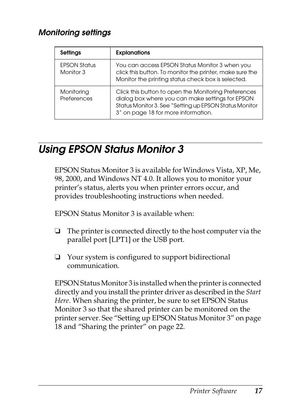 Monitoring settings, Using epson status monitor 3 | Epson DFX-9000 User Manual | Page 17 / 48
