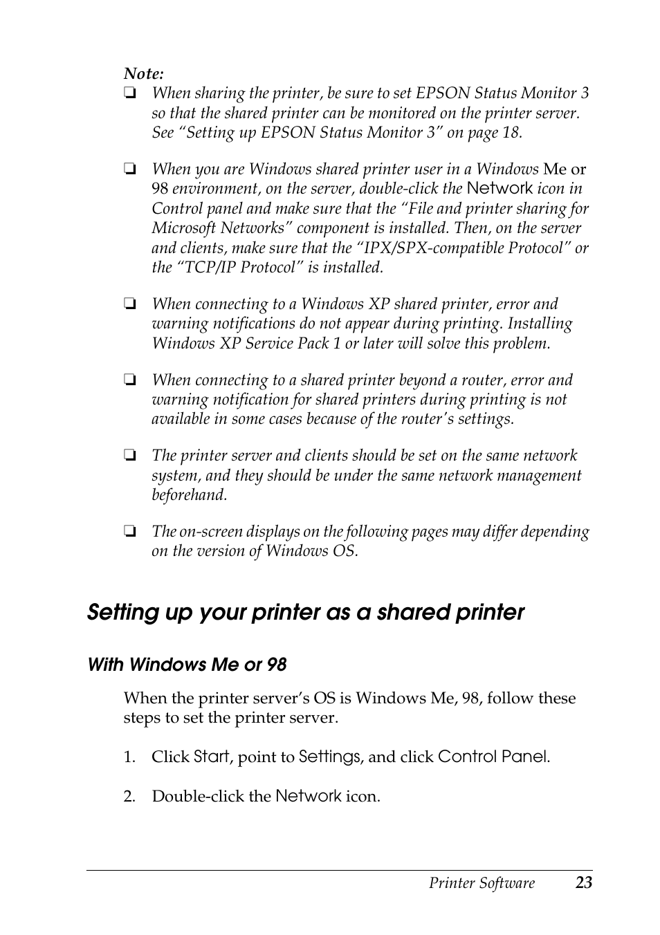 Setting up your printer as a shared printer, With windows me or 98 | Epson DFX-9000 User Manual | Page 23 / 48