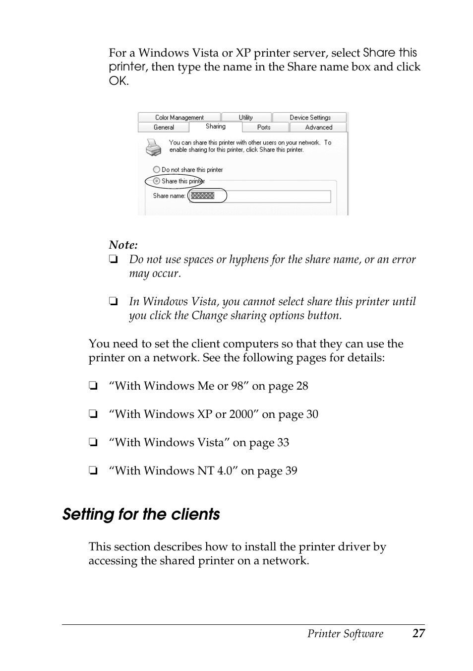 Setting for the clients | Epson DFX-9000 User Manual | Page 27 / 48