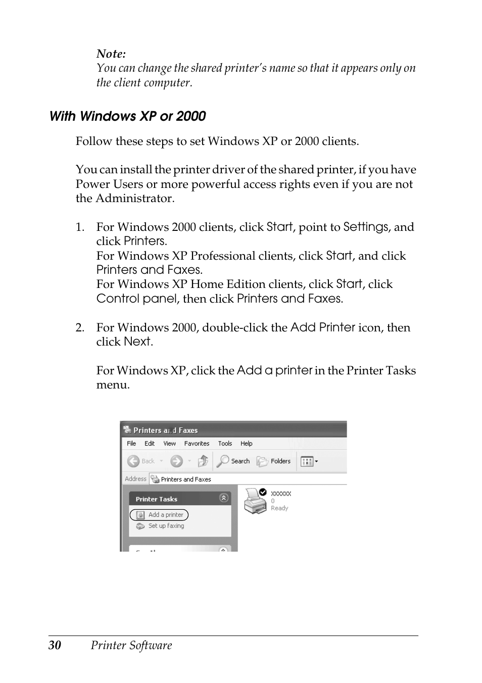 With windows xp or 2000, With windows xp or 2000” on | Epson DFX-9000 User Manual | Page 30 / 48