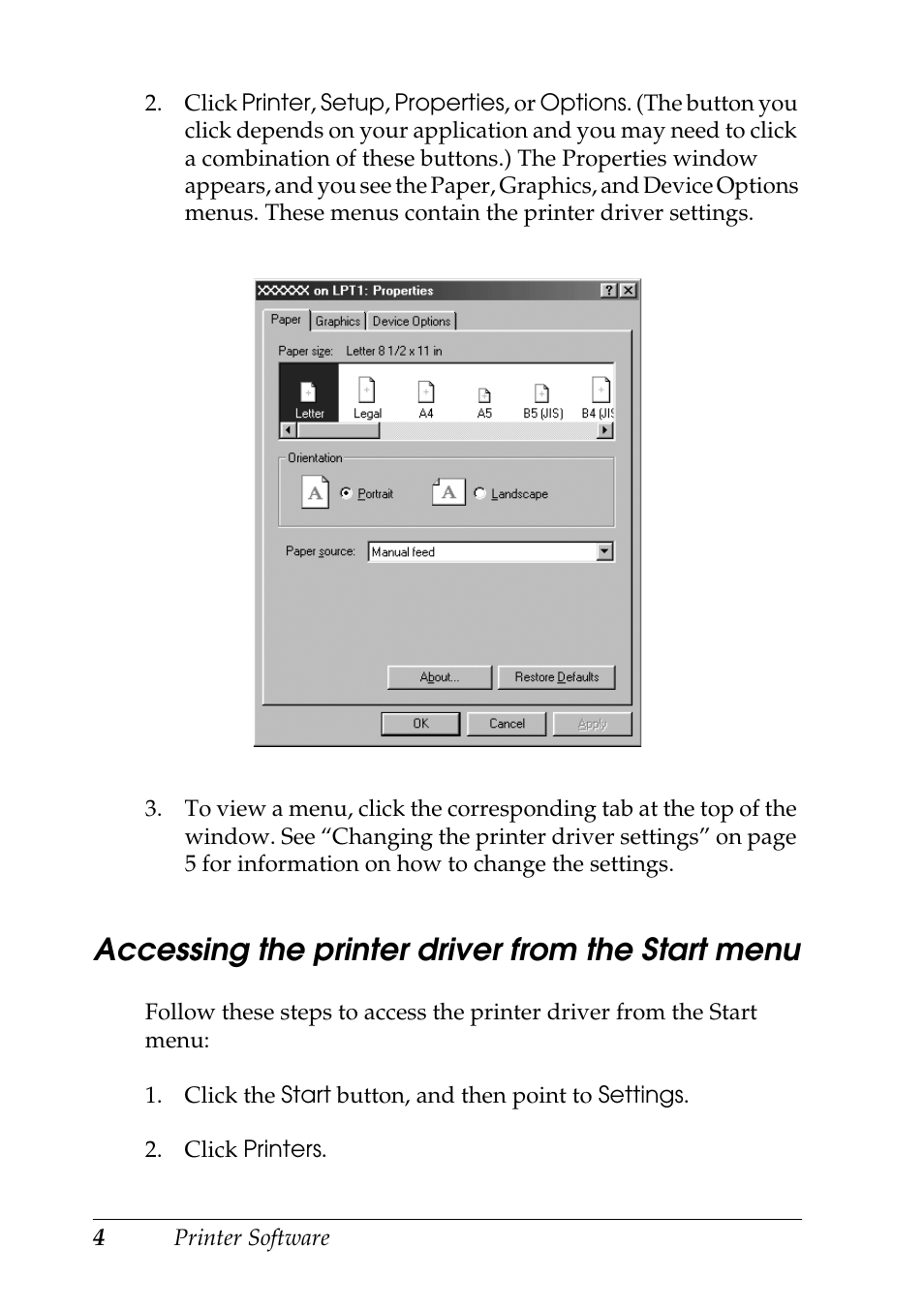 Accessing the printer driver from the start menu | Epson DFX-9000 User Manual | Page 4 / 48