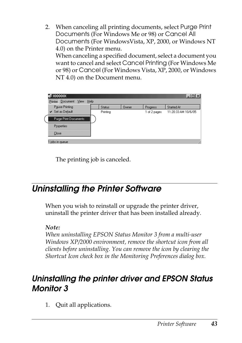 Uninstalling the printer software | Epson DFX-9000 User Manual | Page 43 / 48