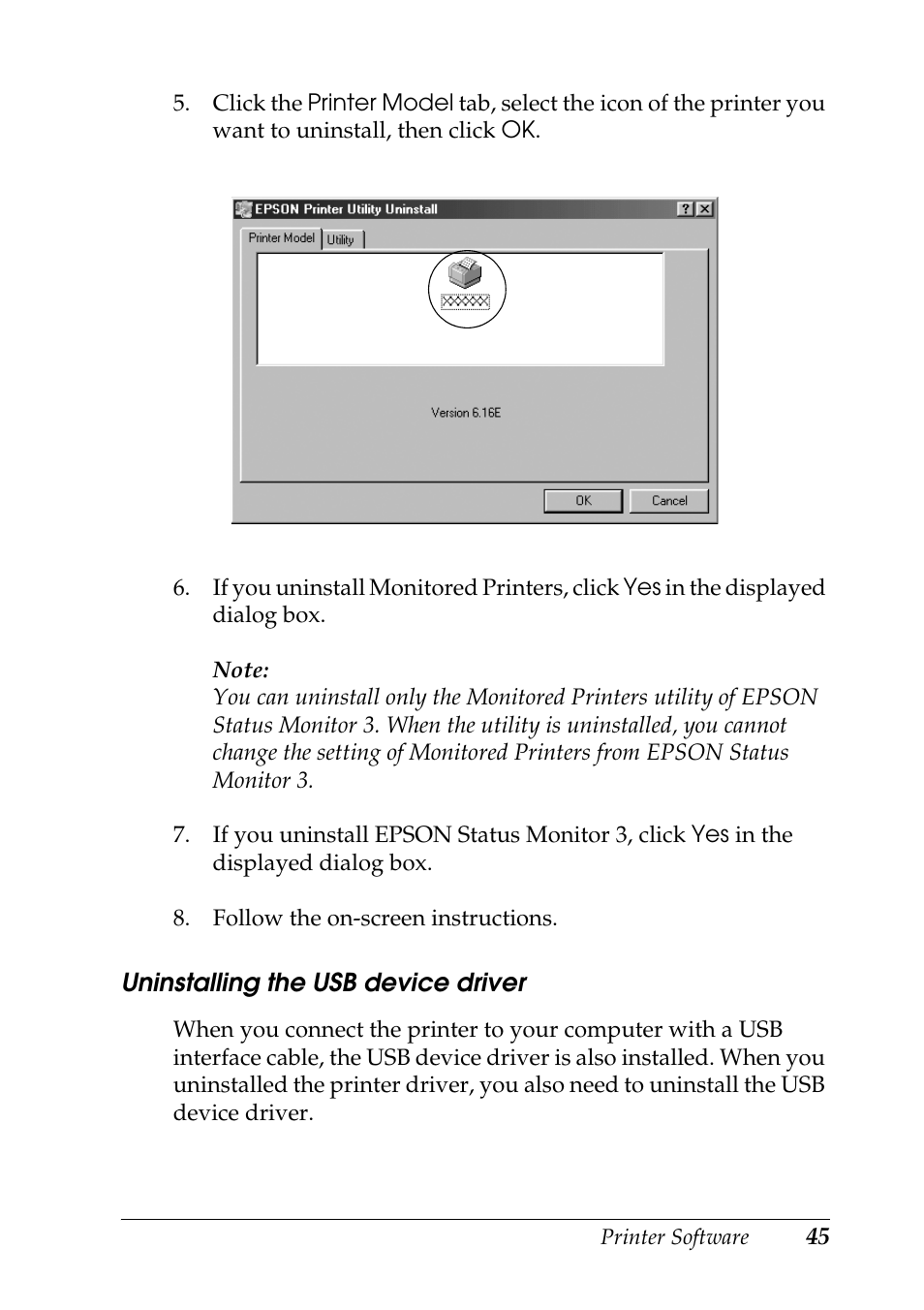 Uninstalling the usb device driver | Epson DFX-9000 User Manual | Page 45 / 48