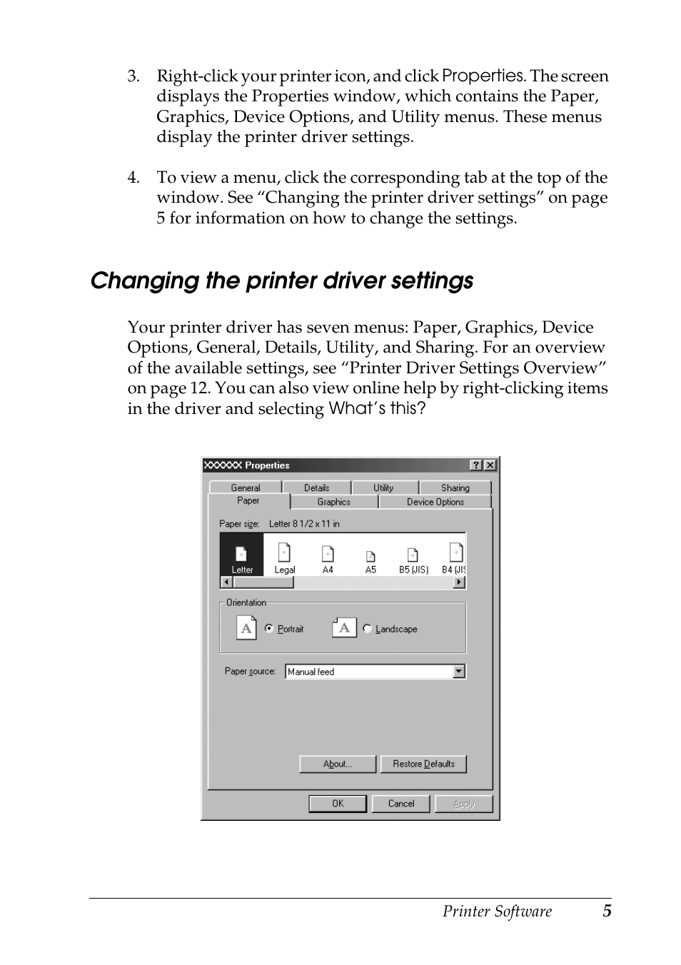 Changing the printer driver settings | Epson DFX-9000 User Manual | Page 5 / 48