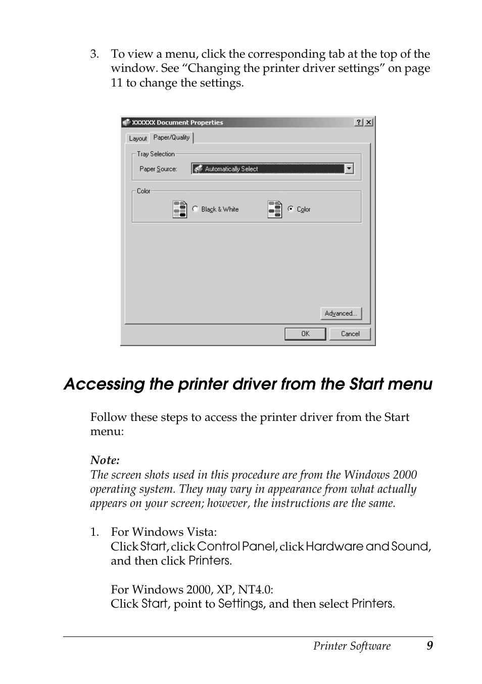 Accessing the printer driver from the start menu | Epson DFX-9000 User Manual | Page 9 / 48