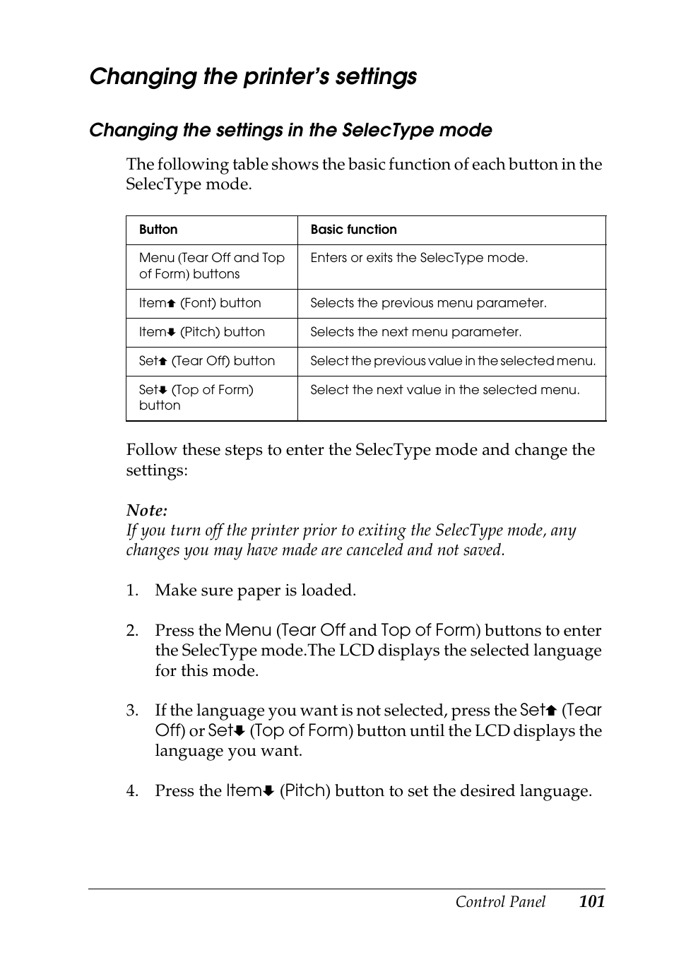 Changing the printer’s settings | Epson DFX-9000 User Manual | Page 101 / 198