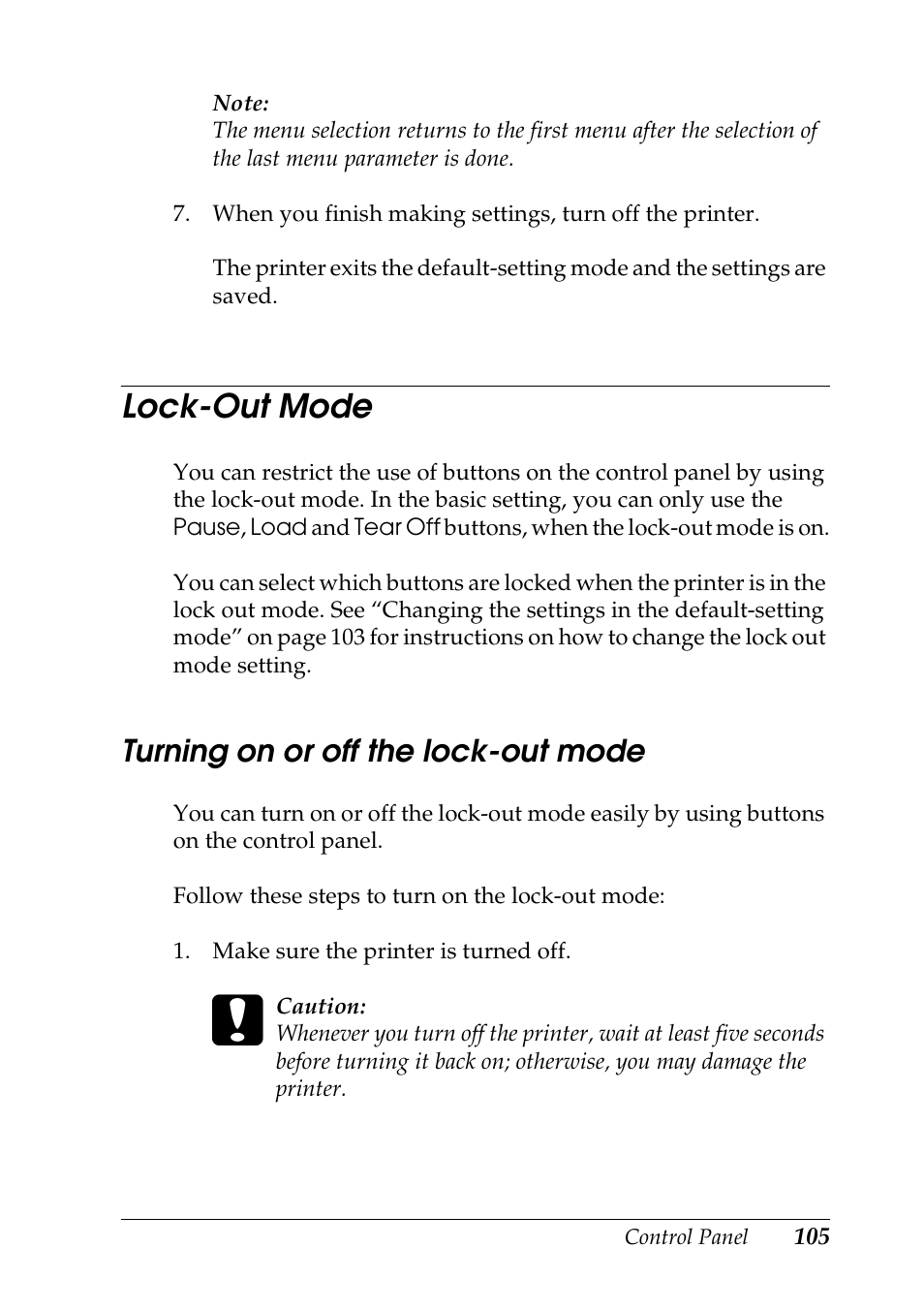 Lock-out mode, Turning on or off the lock-out mode | Epson DFX-9000 User Manual | Page 105 / 198