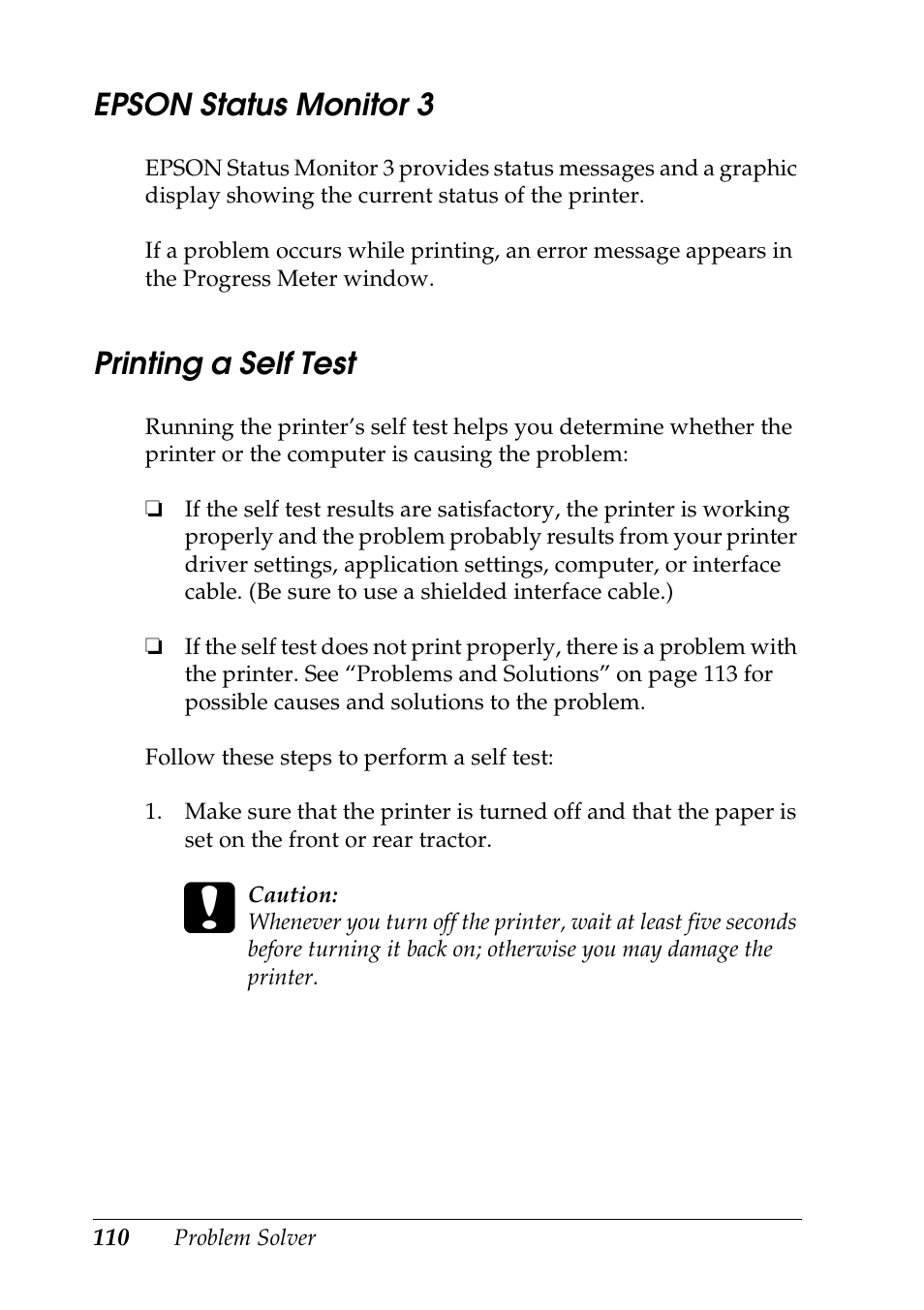Epson status monitor 3, Printing a self test | Epson DFX-9000 User Manual | Page 110 / 198