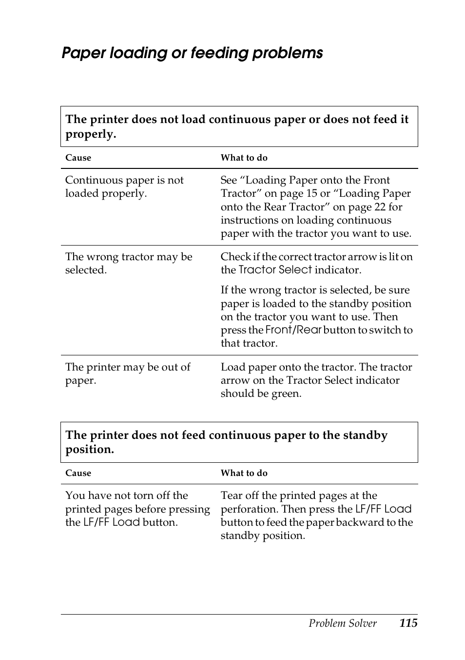 Paper loading or feeding problems | Epson DFX-9000 User Manual | Page 115 / 198