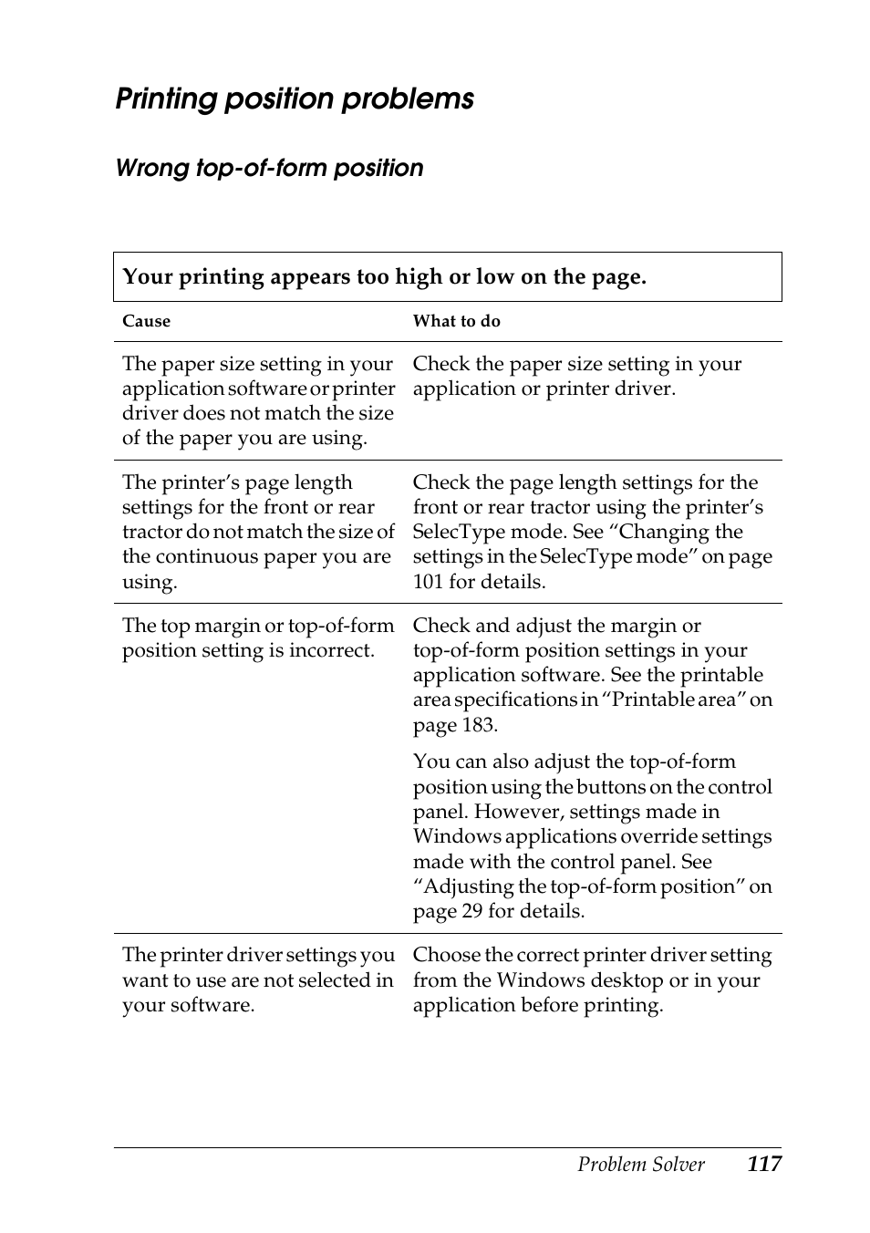 Printing position problems | Epson DFX-9000 User Manual | Page 117 / 198