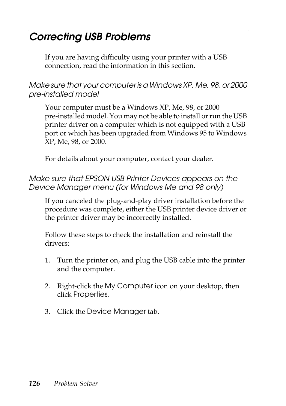 Correcting usb problems | Epson DFX-9000 User Manual | Page 126 / 198