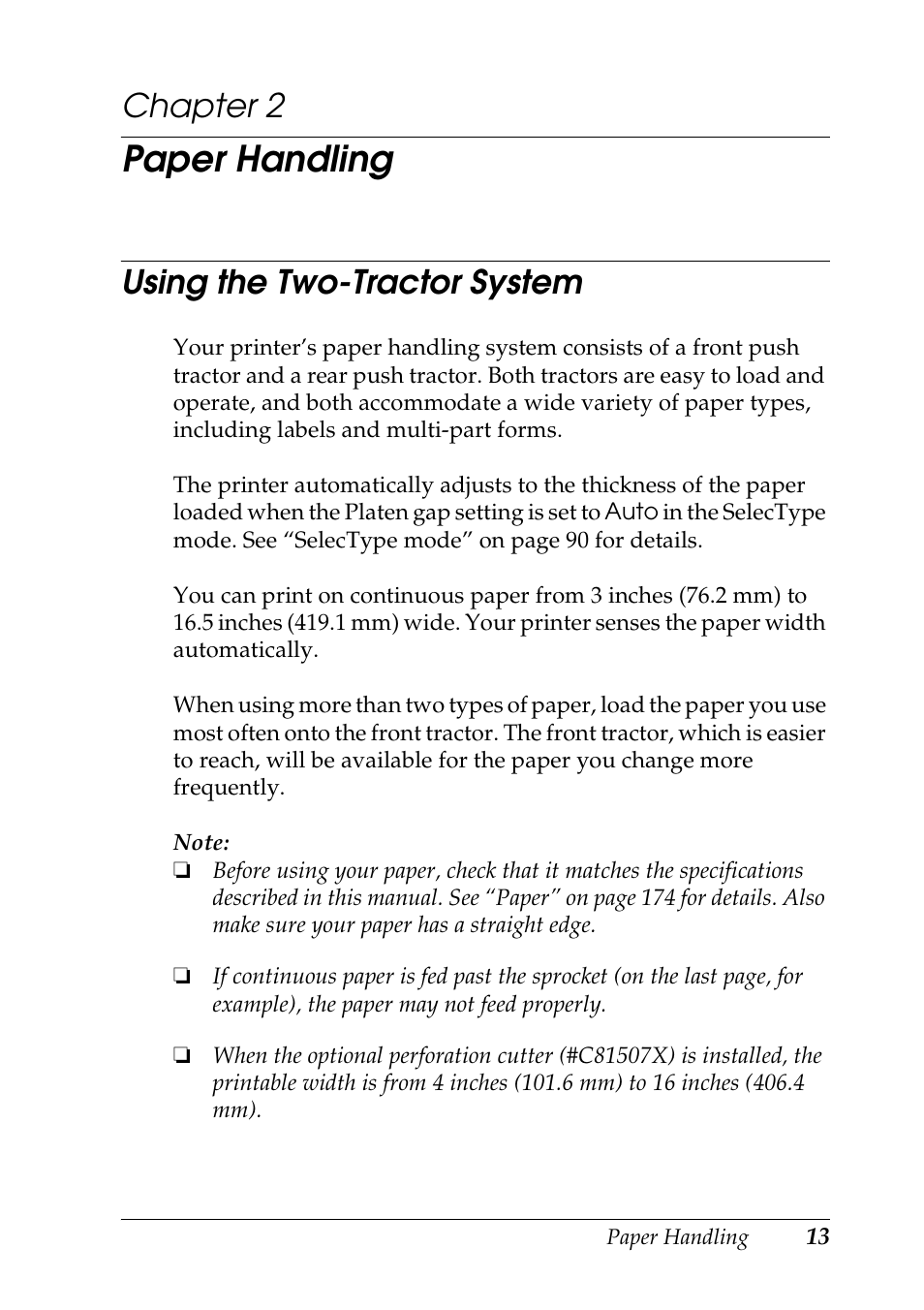 Paper handling, Using the two-tractor system, Chapter 2 | Epson DFX-9000 User Manual | Page 13 / 198