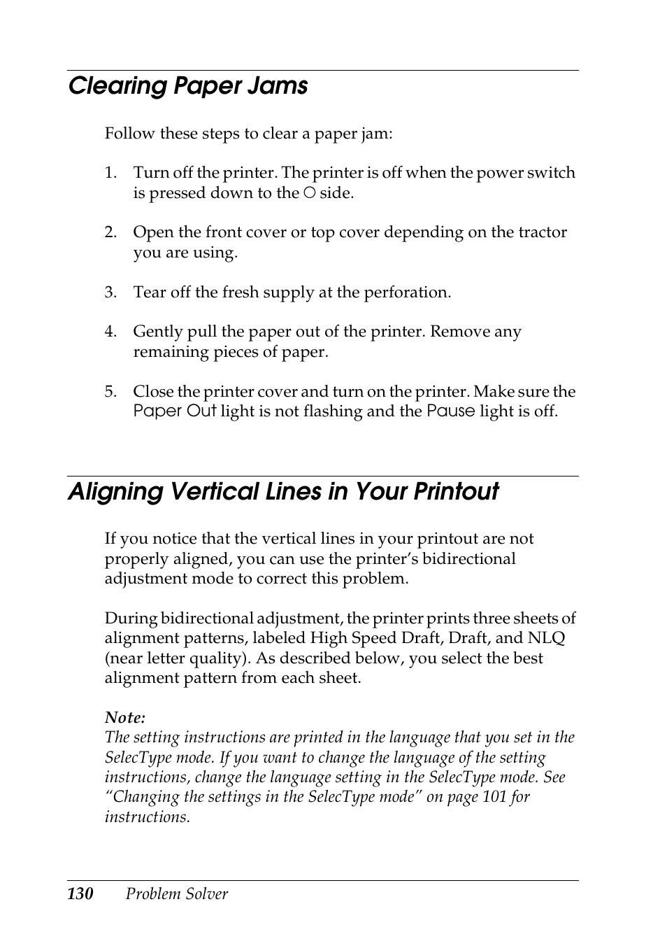 Clearing paper jams, Aligning vertical lines in your printout | Epson DFX-9000 User Manual | Page 130 / 198