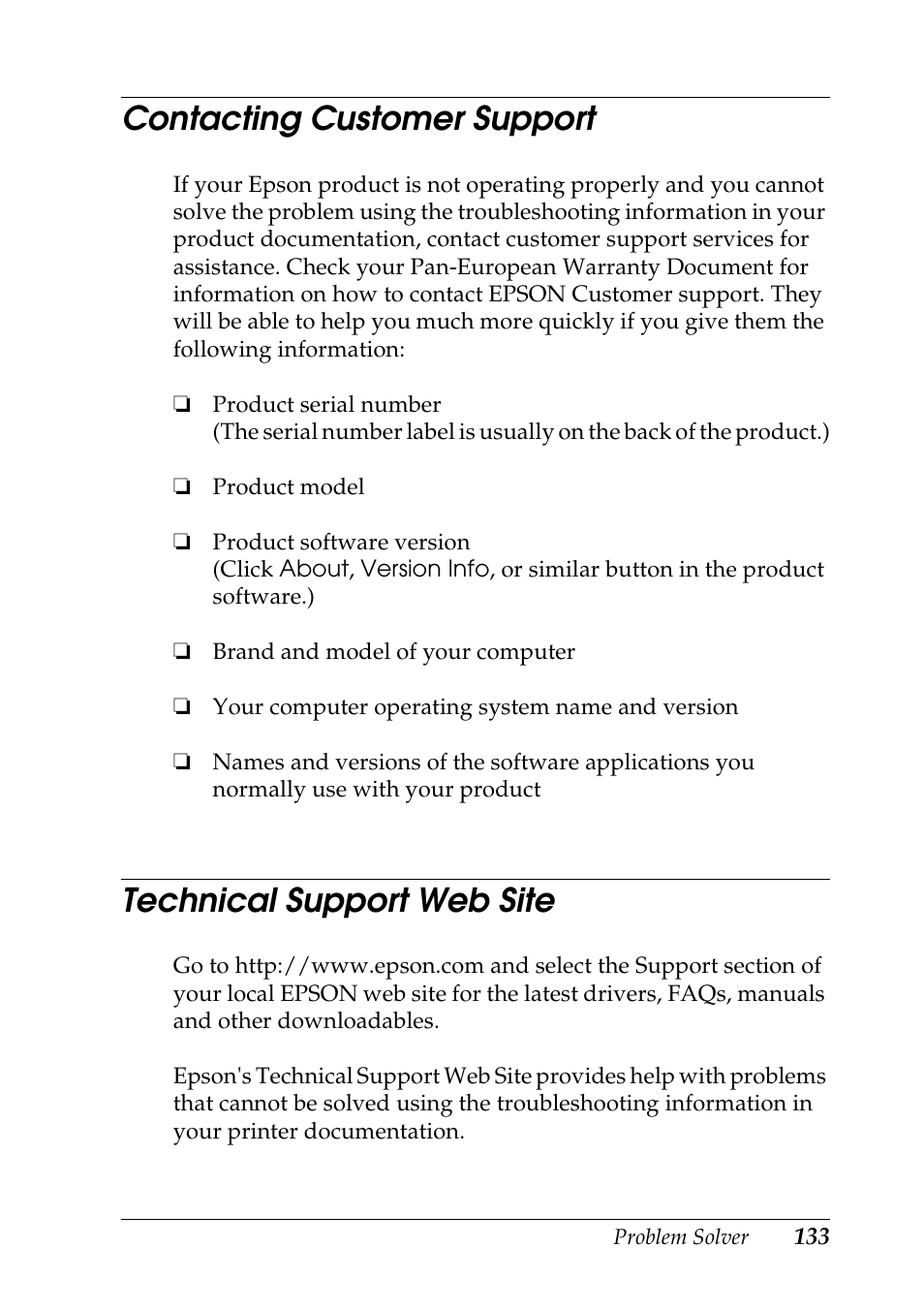 Contacting customer support, Technical support web site | Epson DFX-9000 User Manual | Page 133 / 198