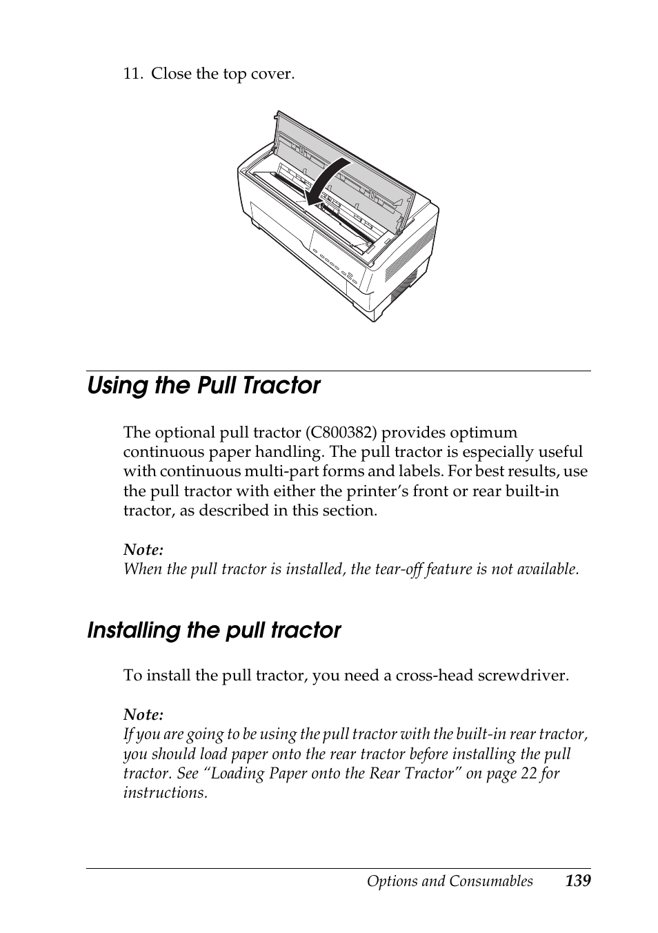 Using the pull tractor, Installing the pull tractor | Epson DFX-9000 User Manual | Page 139 / 198