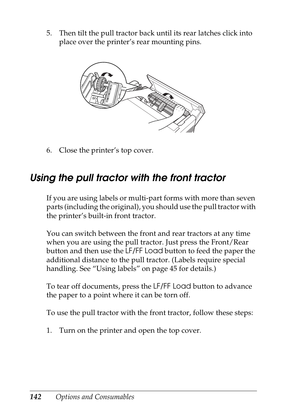 Using the pull tractor with the front tractor | Epson DFX-9000 User Manual | Page 142 / 198