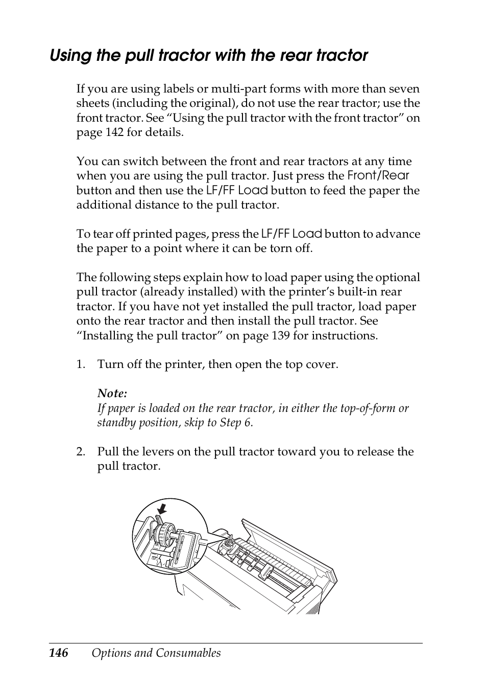Using the pull tractor with the rear tractor | Epson DFX-9000 User Manual | Page 146 / 198