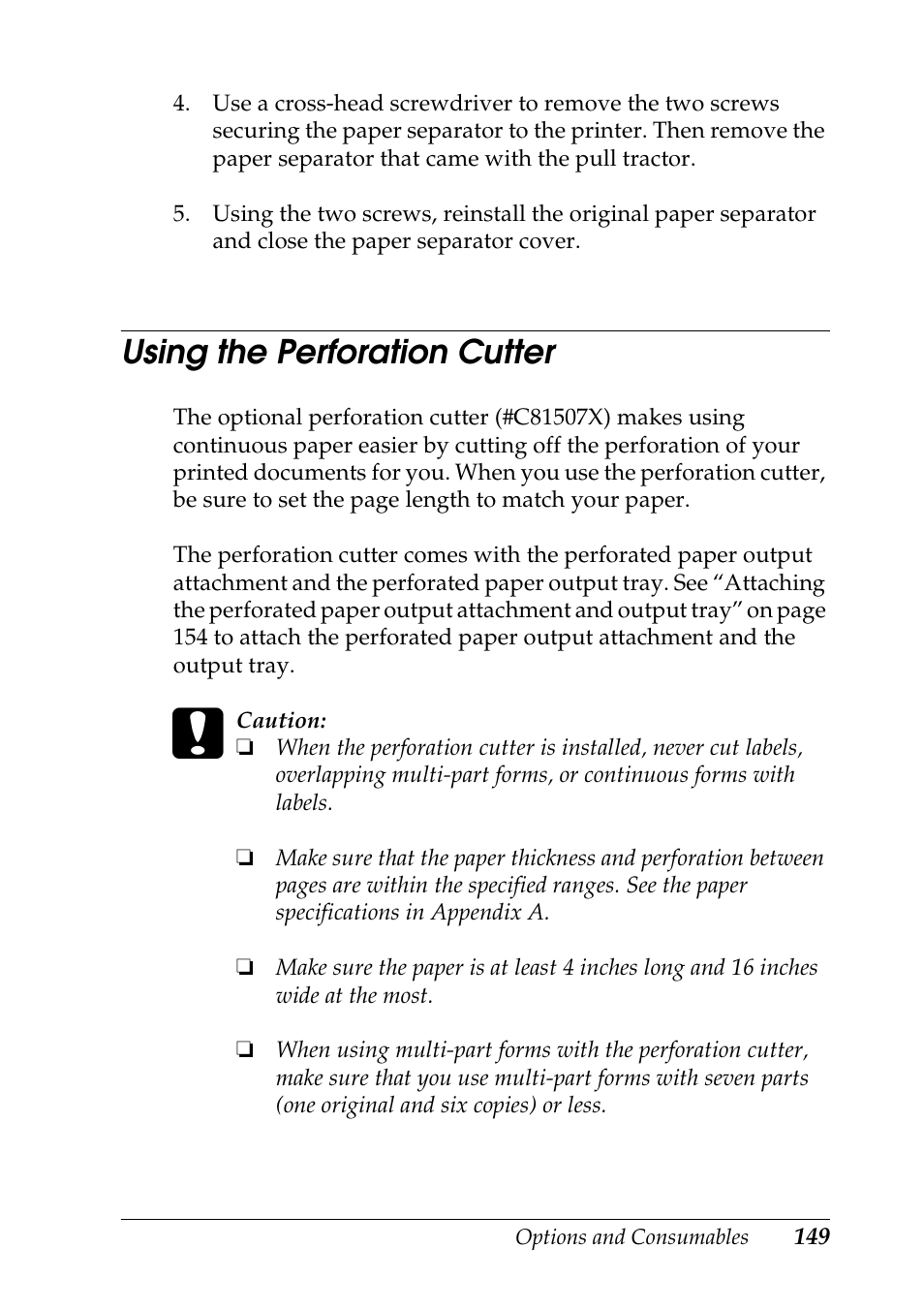 Using the perforation cutter | Epson DFX-9000 User Manual | Page 149 / 198