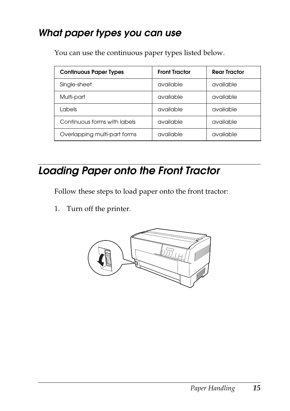 What paper types you can use, Loading paper onto the front tractor | Epson DFX-9000 User Manual | Page 15 / 198