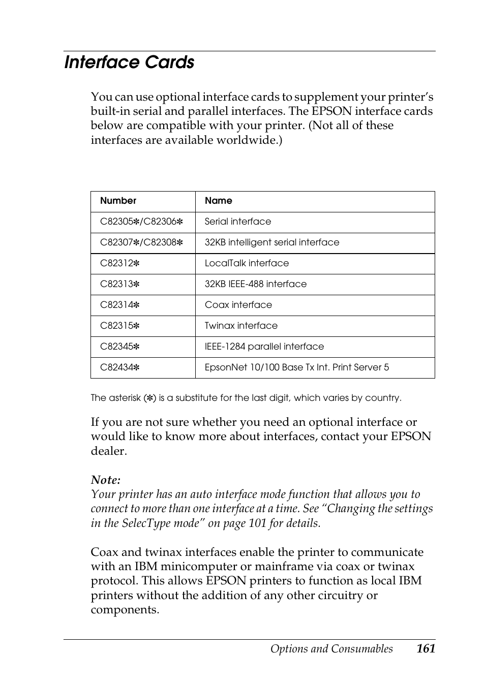 Interface cards | Epson DFX-9000 User Manual | Page 161 / 198