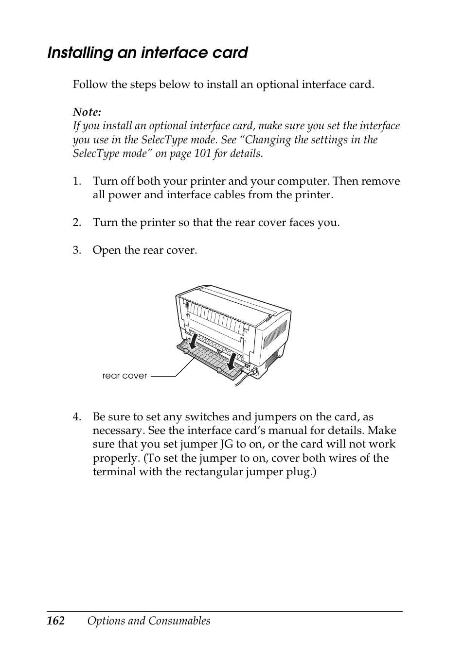 Installing an interface card | Epson DFX-9000 User Manual | Page 162 / 198