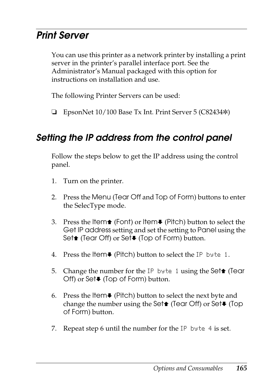 Print server, Setting the ip address from the control panel | Epson DFX-9000 User Manual | Page 165 / 198