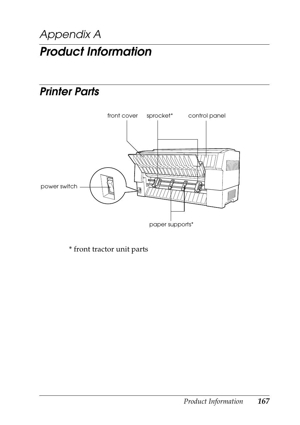Product information, Printer parts, Appendix a | Epson DFX-9000 User Manual | Page 167 / 198