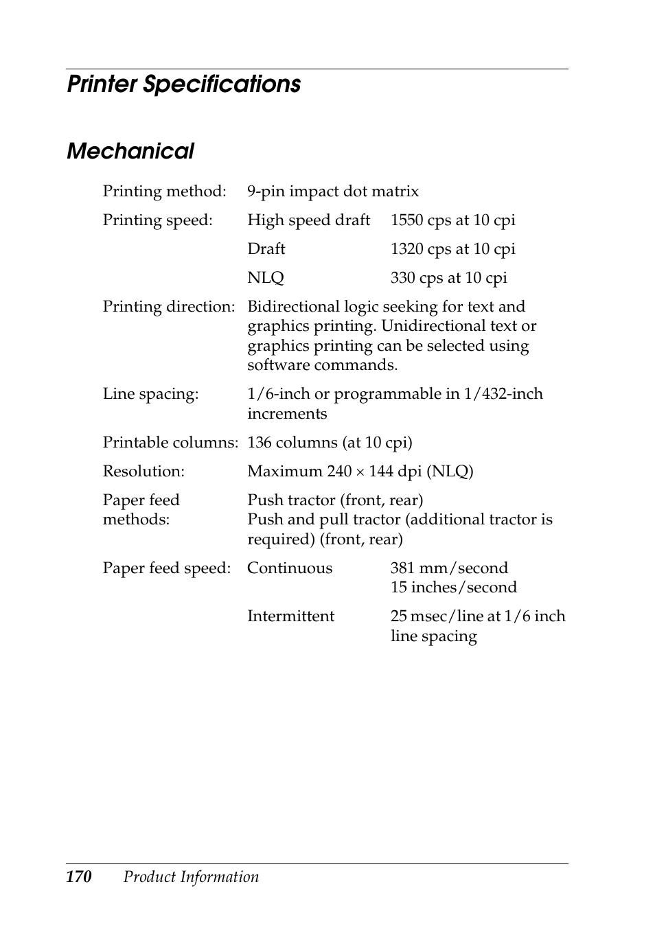 Printer specifications, Mechanical | Epson DFX-9000 User Manual | Page 170 / 198