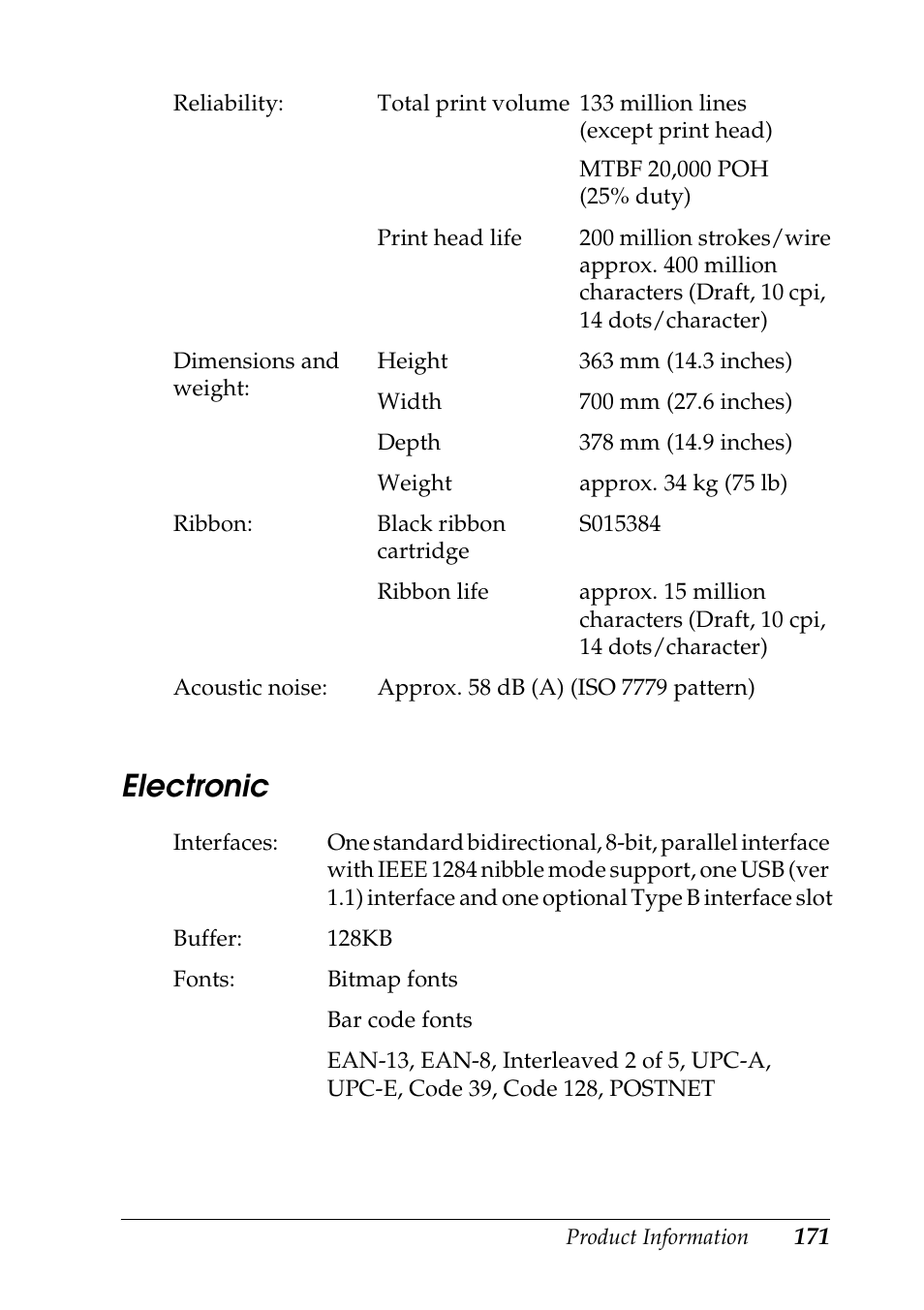 Electronic | Epson DFX-9000 User Manual | Page 171 / 198