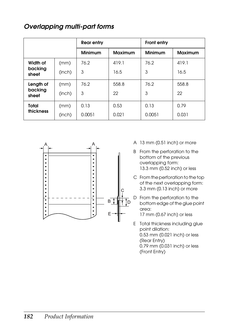 Overlapping multi-part forms, Product information | Epson DFX-9000 User Manual | Page 182 / 198