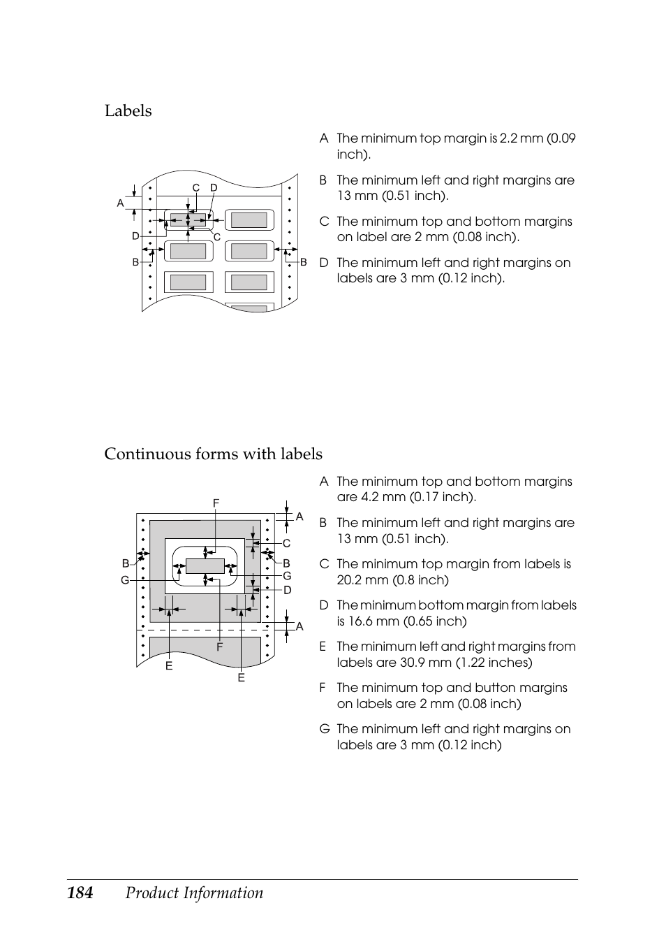 Product information labels, Continuous forms with labels | Epson DFX-9000 User Manual | Page 184 / 198